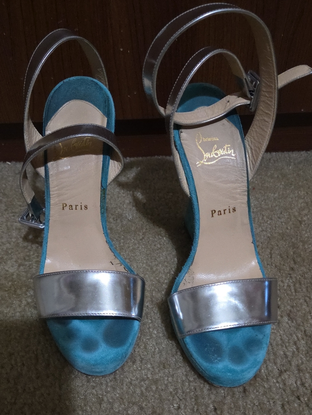 Christian Louboutin Teal Suede Sandals with Silver Metallic Straps